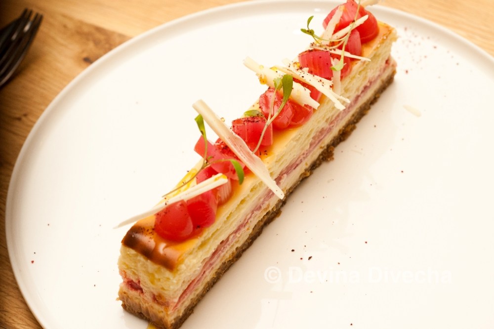 Baked white chocolate and rhubarb cheesecake